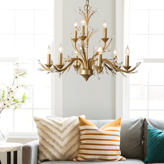 6/9 Light Brass Branch Candle Vintage Chandelier with Crystal Accents