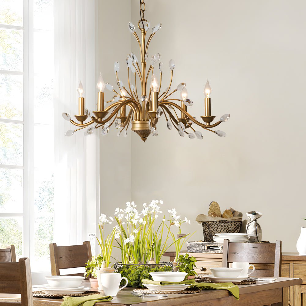 6/9 Light Brass Branch Candle Vintage Chandelier with Crystal Accents