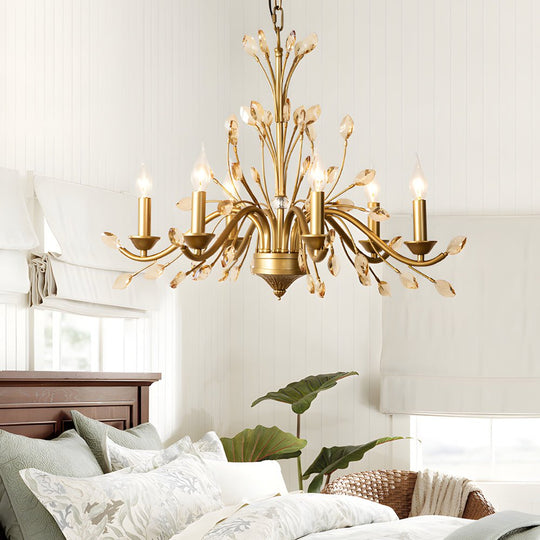 6/9 Light Brass Branch Candle Vintage Chandelier with Crystal Accents