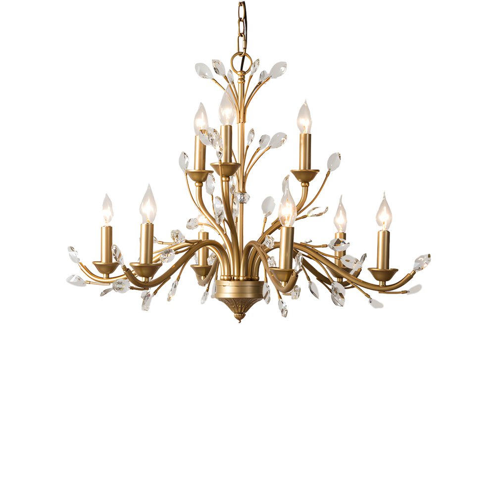 6/9 Light Brass Branch Candle Vintage Chandelier with Crystal Accents