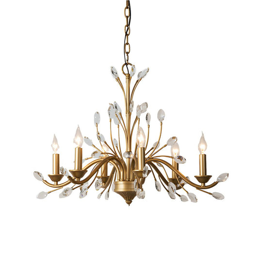 6/9 Light Brass Branch Candle Vintage Chandelier with Crystal Accents