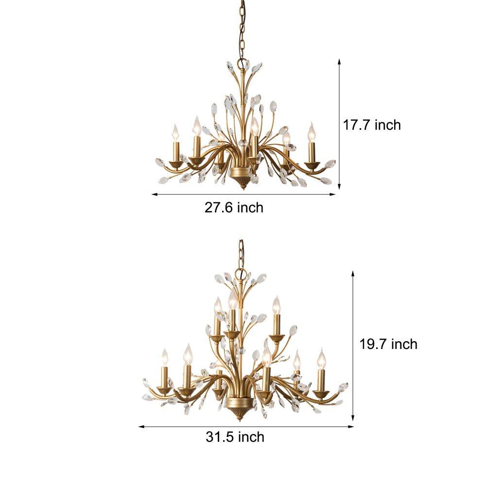 6/9 Light Brass Branch Candle Vintage Chandelier with Crystal Accents
