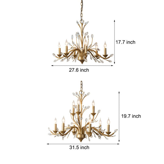 6/9 Light Brass Branch Candle Vintage Chandelier with Crystal Accents