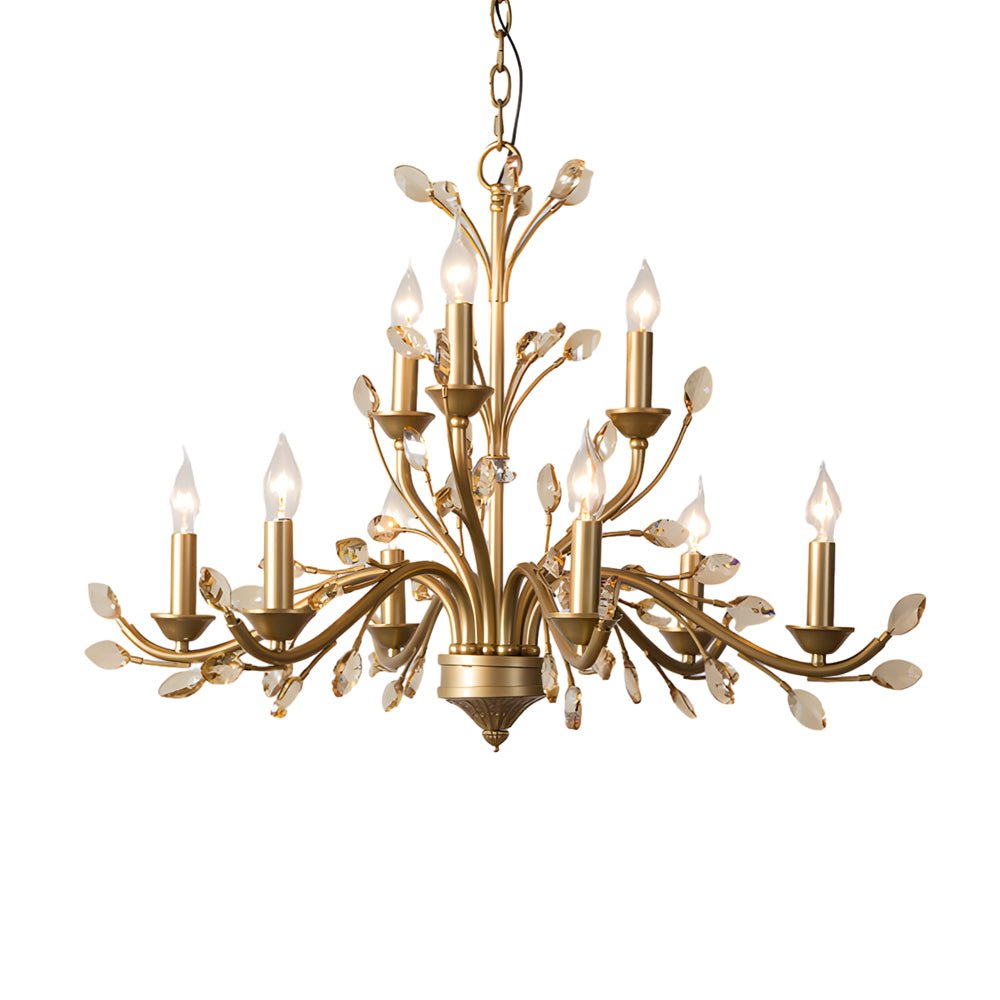 6/9 Light Brass Branch Candle Vintage Chandelier with Crystal Accents