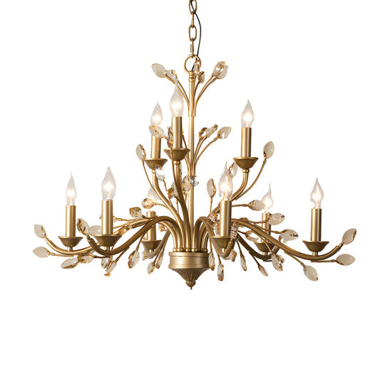 6/9 Light Brass Branch Candle Vintage Chandelier with Crystal Accents
