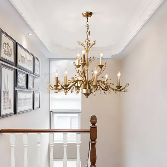6/9 Light Brass Branch Candle Vintage Chandelier with Crystal Accents