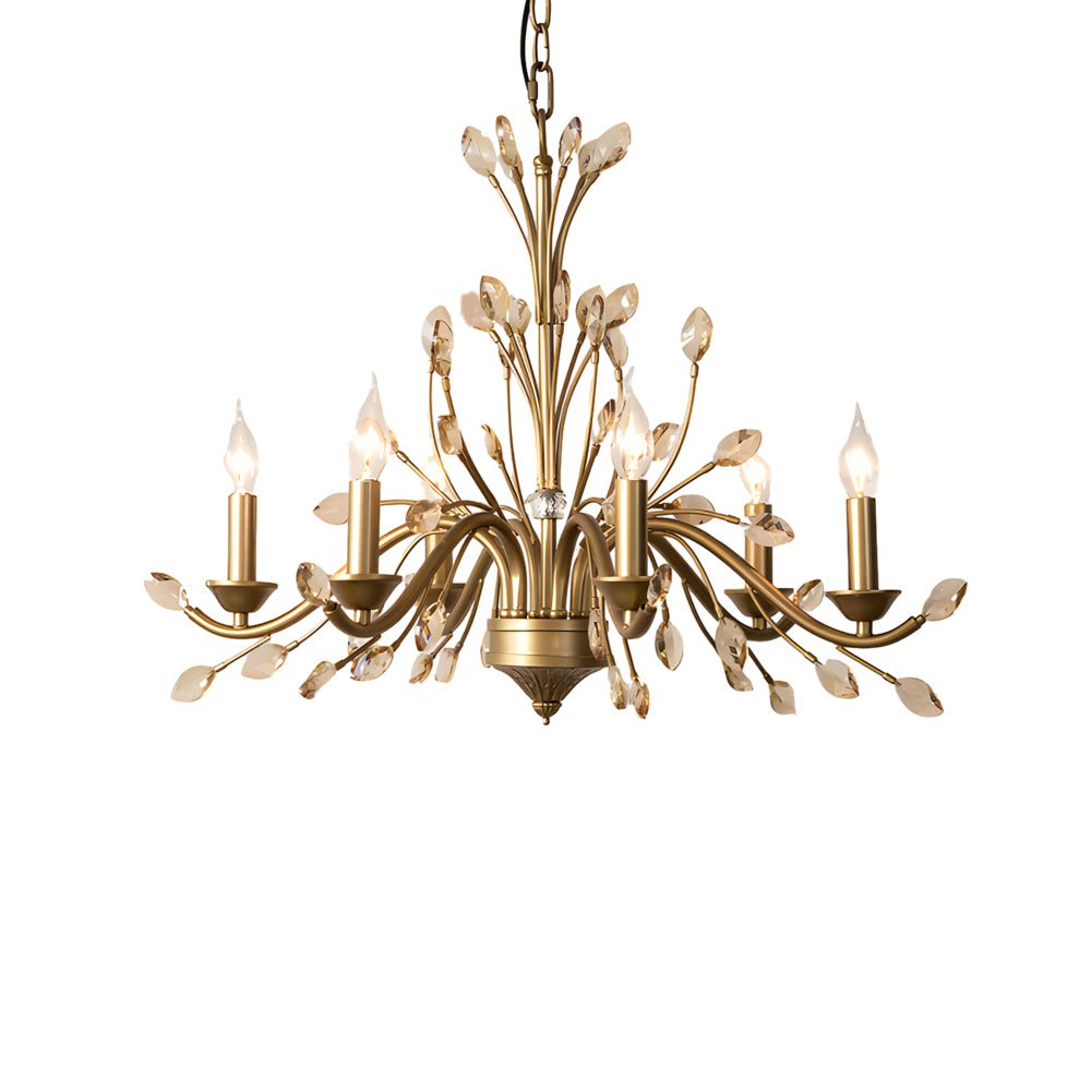 6/9 Light Brass Branch Candle Vintage Chandelier with Crystal Accents