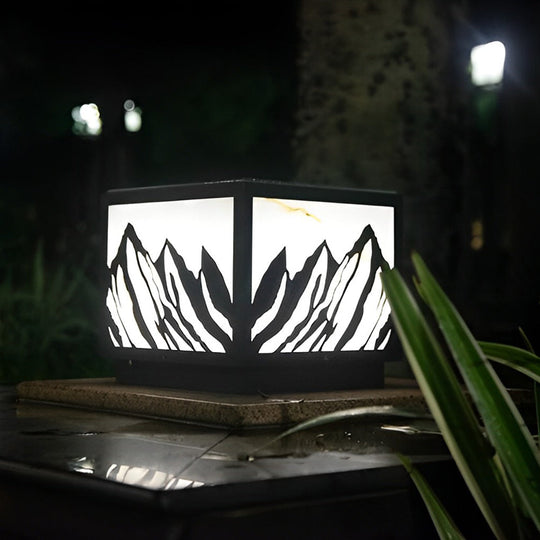 Black Solar LED Fence Post Light with Mountain Pattern Design