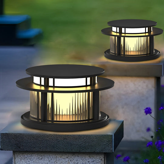 Round Waterproof LED Black Modern Solar Fence Post Lights Pillar Light