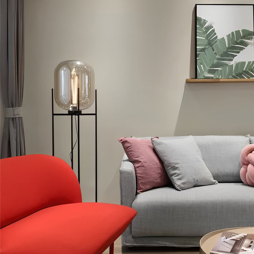 Industrial Standing Metal & Hand-Blown Glass Floor Lamp