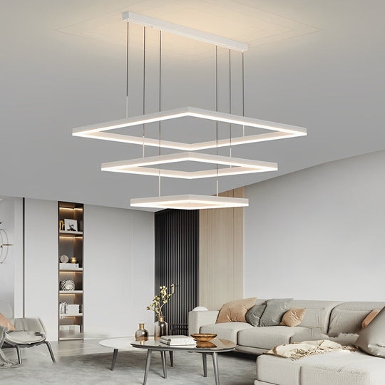 Ultra-Thin Square Rings Three-Step Dimming LED Modern Chandelier – White Finish