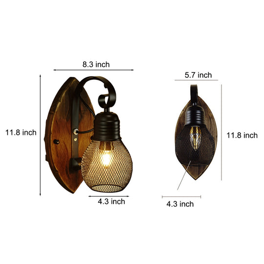 Rustic Antique Wood & Iron Mesh Industrial Wall Lamp