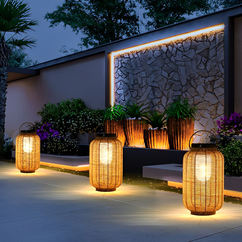 Portable Lantern Rattan LED Waterproof Solar Outdoor Floor Lamp
