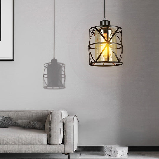 Creative Round Iron Glass Black Retro Industrial Style Pendant Light