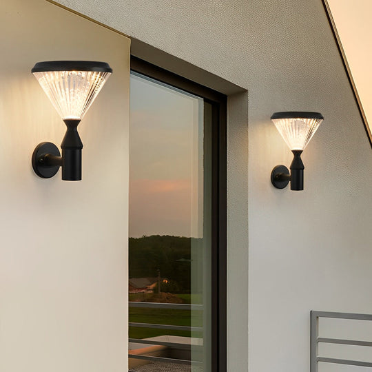 Round Black Solar LED Outdoor Light with Ribbed Lampshade