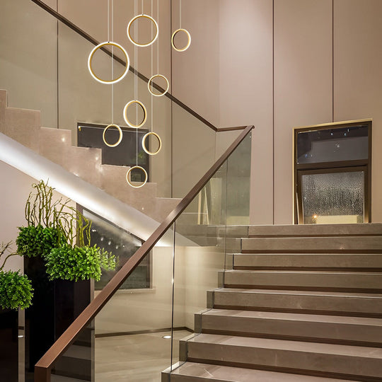 Round 6/8-Ring LED Long Staircase Chandelier – Simple Modern Design