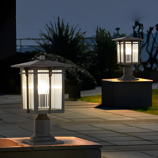 Striped Glass Shade LED Waterproof Outdoor Post Light