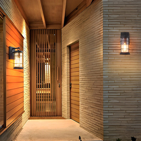 Waterproof Iron Glass Lantern Black Retro Rustic Exterior Wall Light