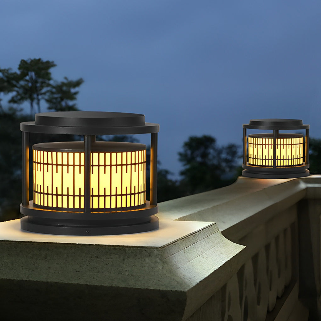 Round Retro Pattern Black Solar LED Fence Post Light