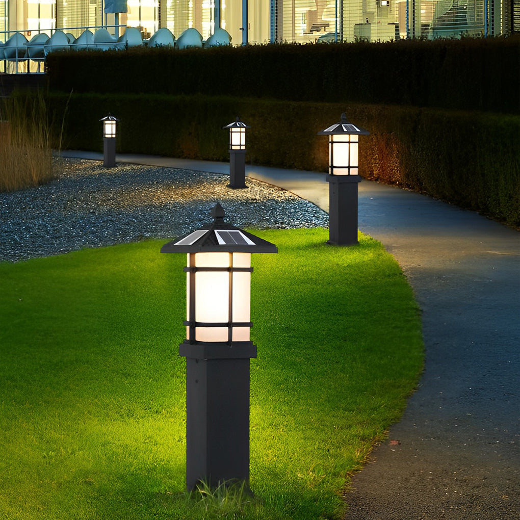 Modern Solar LED Bollard Lights with Ancient Asian Style Top – Waterproof Outdoor Light