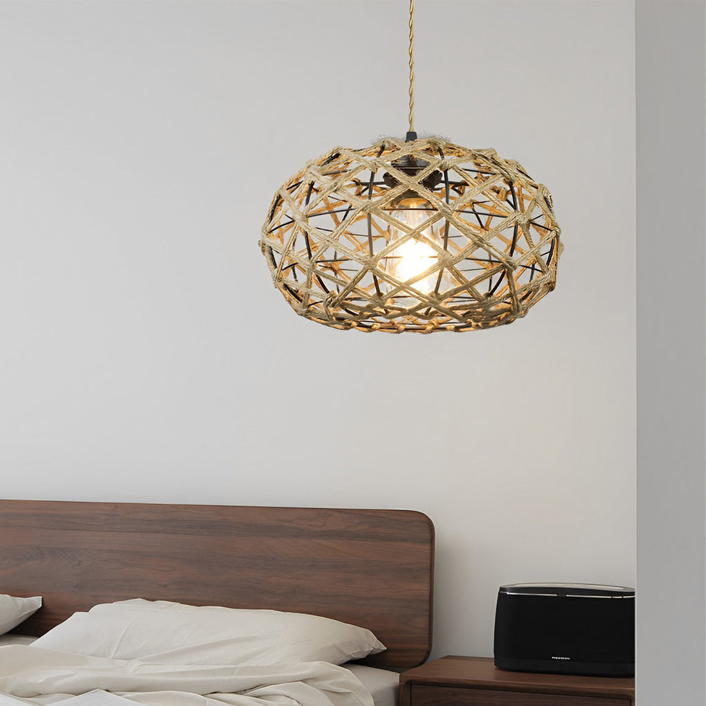 Round Hand-Woven Cage Rope Beige Retro Minimalist Ceiling Light Chandelier