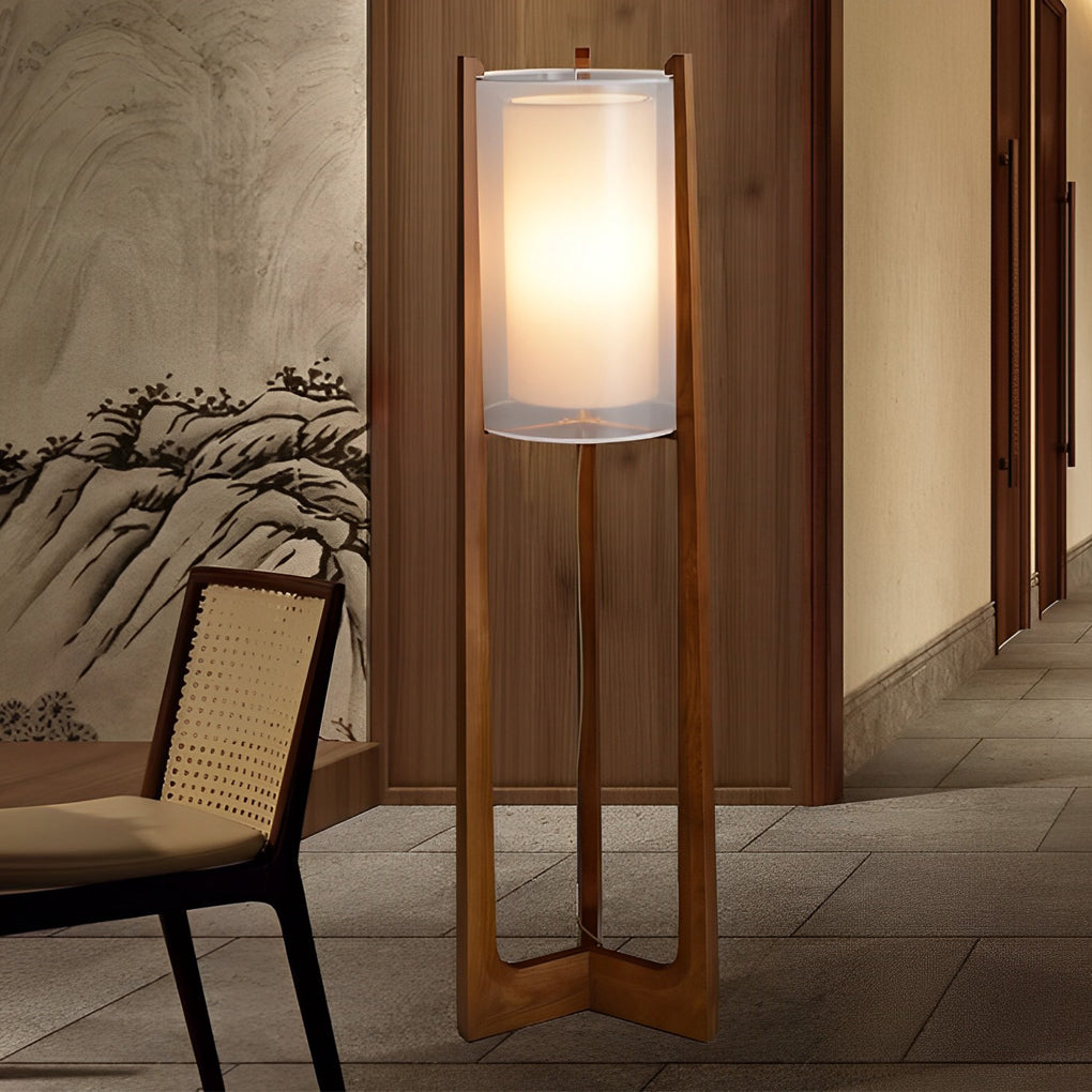 Rustic Japanese-Style Wood Standing Floor Lamp with Double Shades