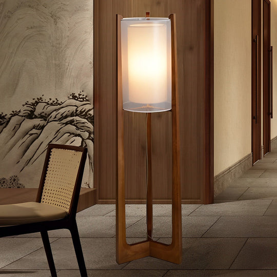 Rustic Japanese-Style Wood Standing Floor Lamp with Double Shades