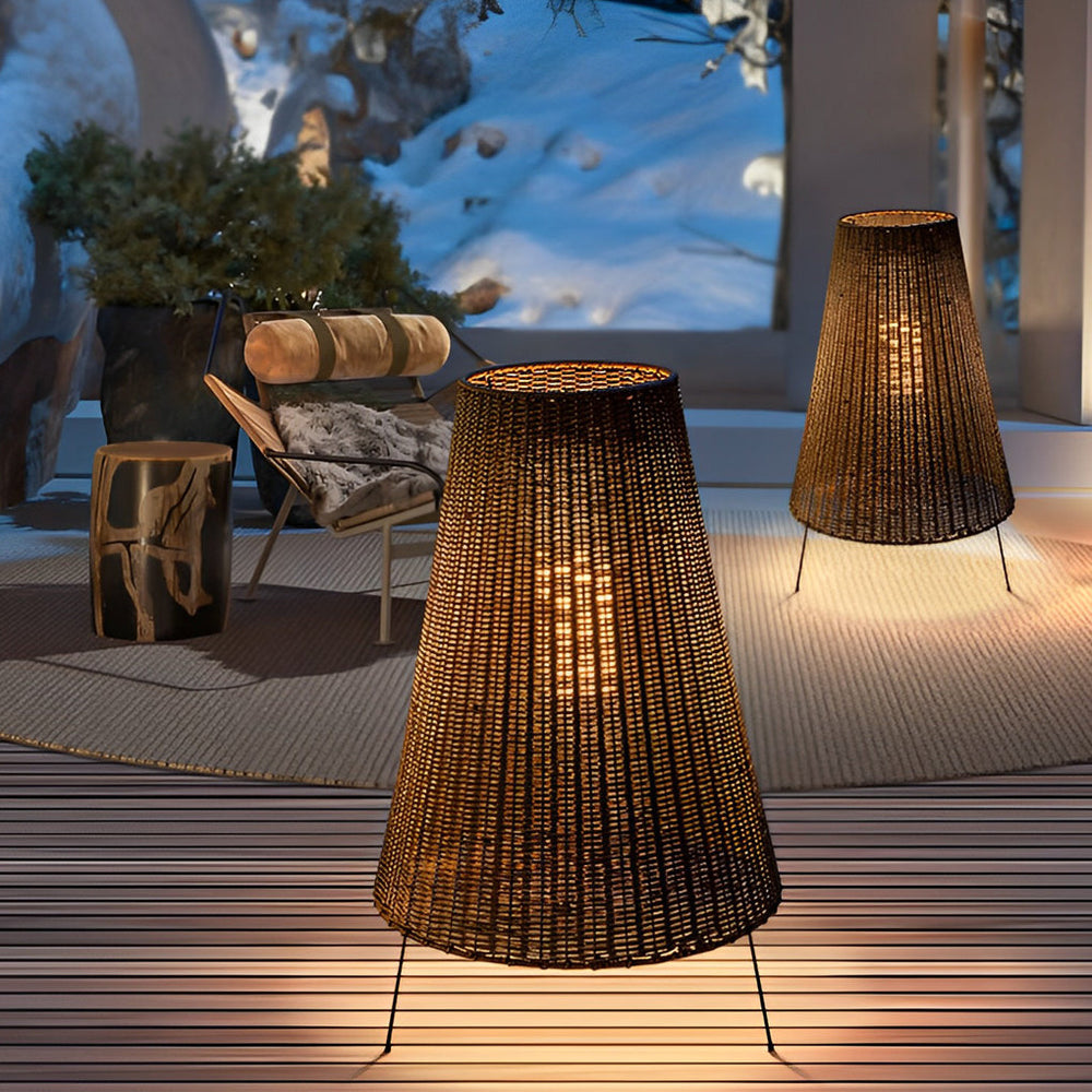 Rattan Shaded Tripod Outdoor Floor Lamp with Metal Frame