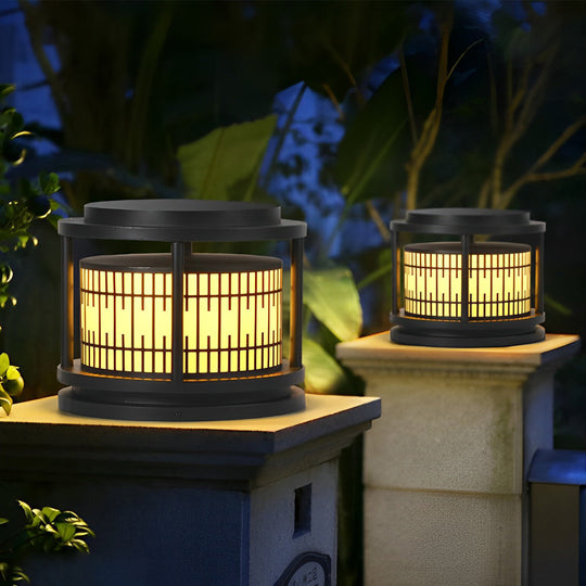 Round Retro Pattern Black Solar LED Fence Post Light