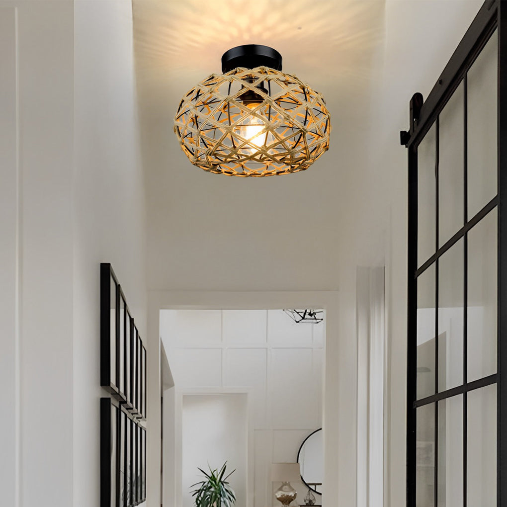 Round Hand-Woven Cage Rope Beige Retro Minimalist Ceiling Light Chandelier