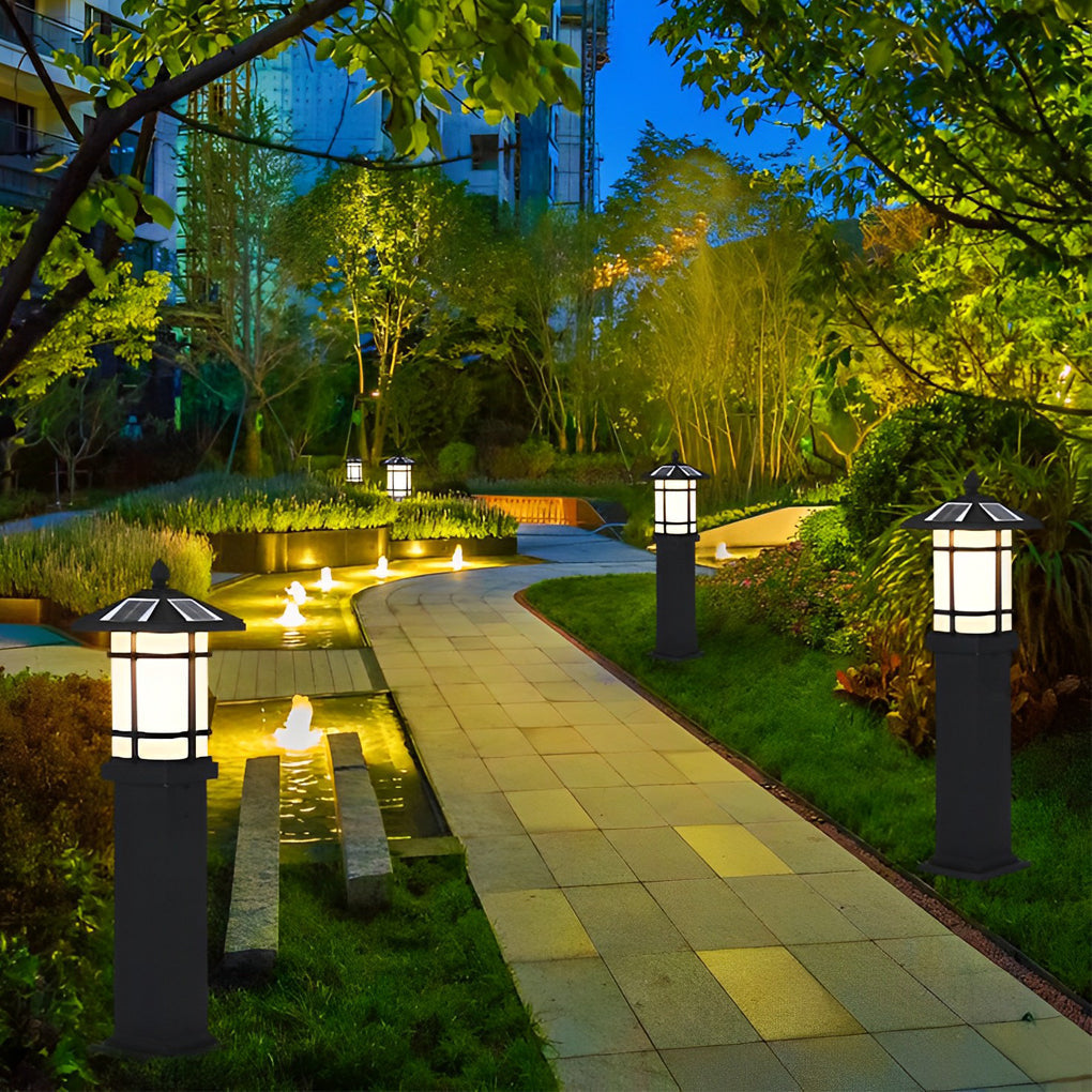 Modern Solar LED Bollard Lights with Ancient Asian Style Top – Waterproof Outdoor Light
