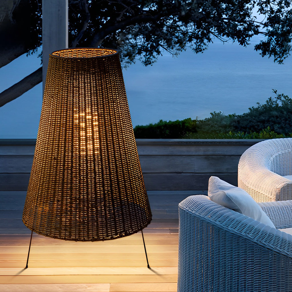 Rattan Shaded Tripod Outdoor Floor Lamp with Metal Frame