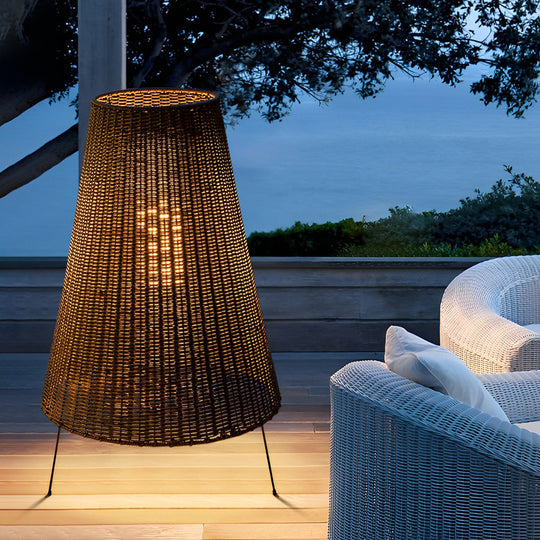 Rattan Shaded Tripod Outdoor Floor Lamp with Metal Frame