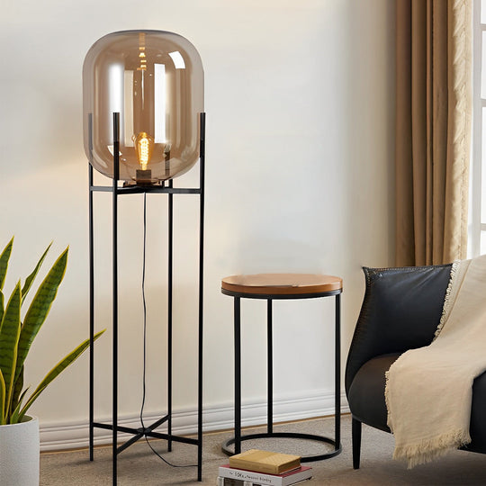 Industrial Standing Metal & Hand-Blown Glass Floor Lamp