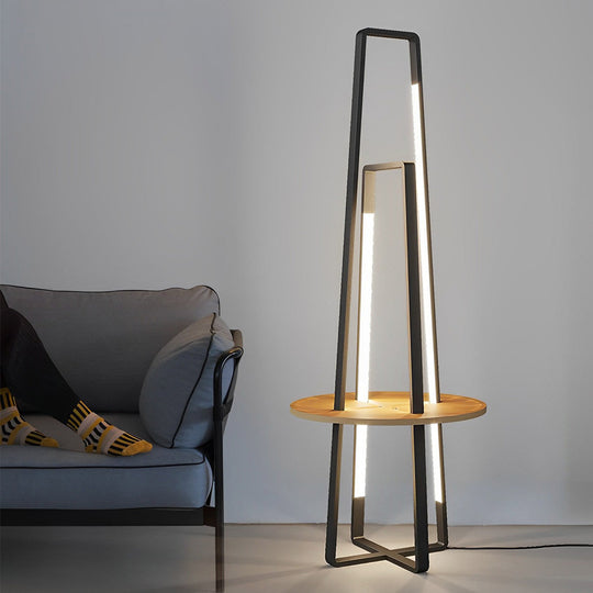 Modern 63'' LED Metal Floor Lamp with Wooden Tray and Remote Control