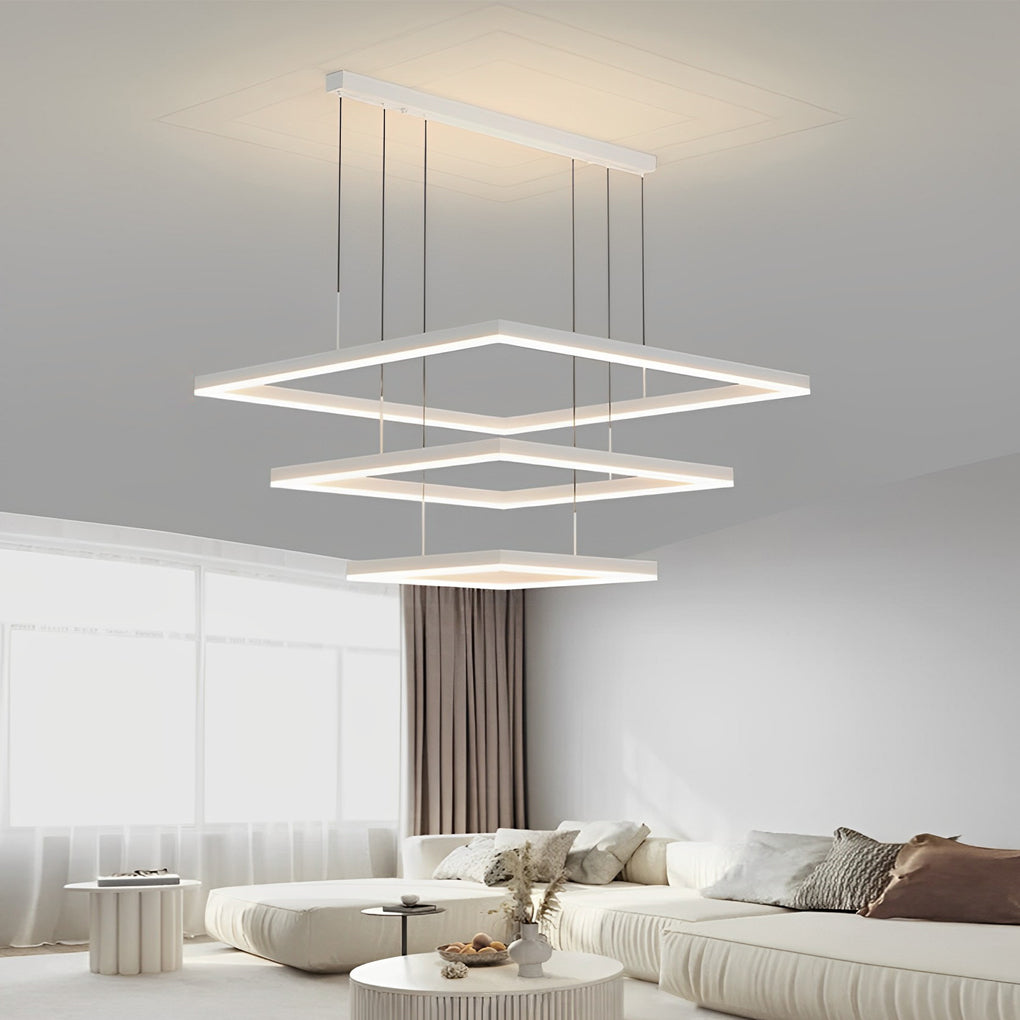 Ultra-Thin Square Rings Three-Step Dimming LED Modern Chandelier – White Finish