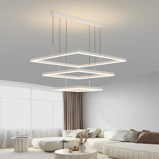 Ultra-Thin Square Rings Three-Step Dimming LED Modern Chandelier – White Finish