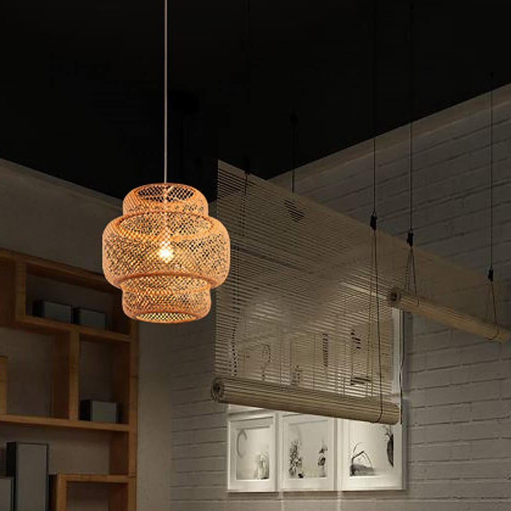 3-Tiered Rustic Bamboo Woven Pendant Light