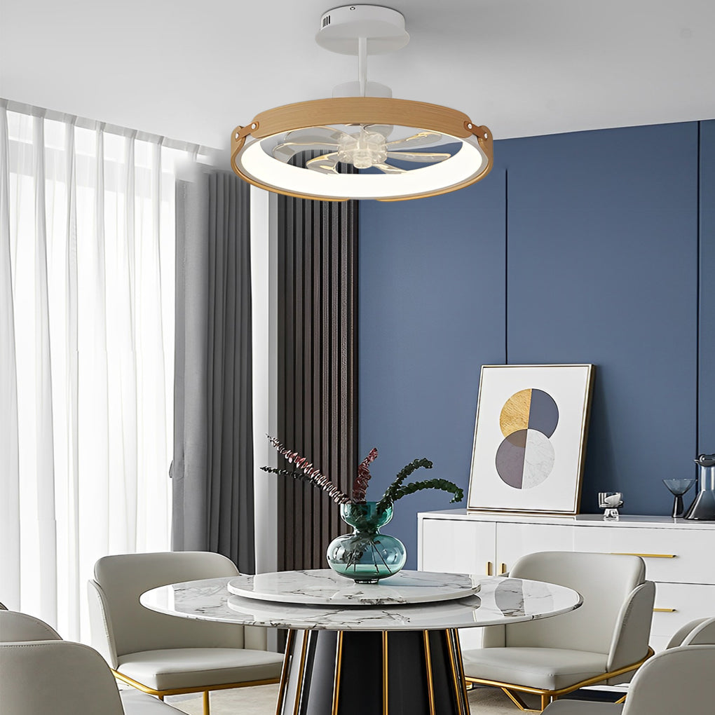 Round Wood LED 3-Step Dimming Bladeless Ceiling Fan with App Control