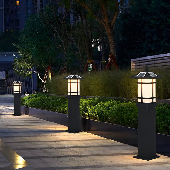 Modern Solar LED Bollard Lights with Ancient Asian Style Top – Waterproof Outdoor Light