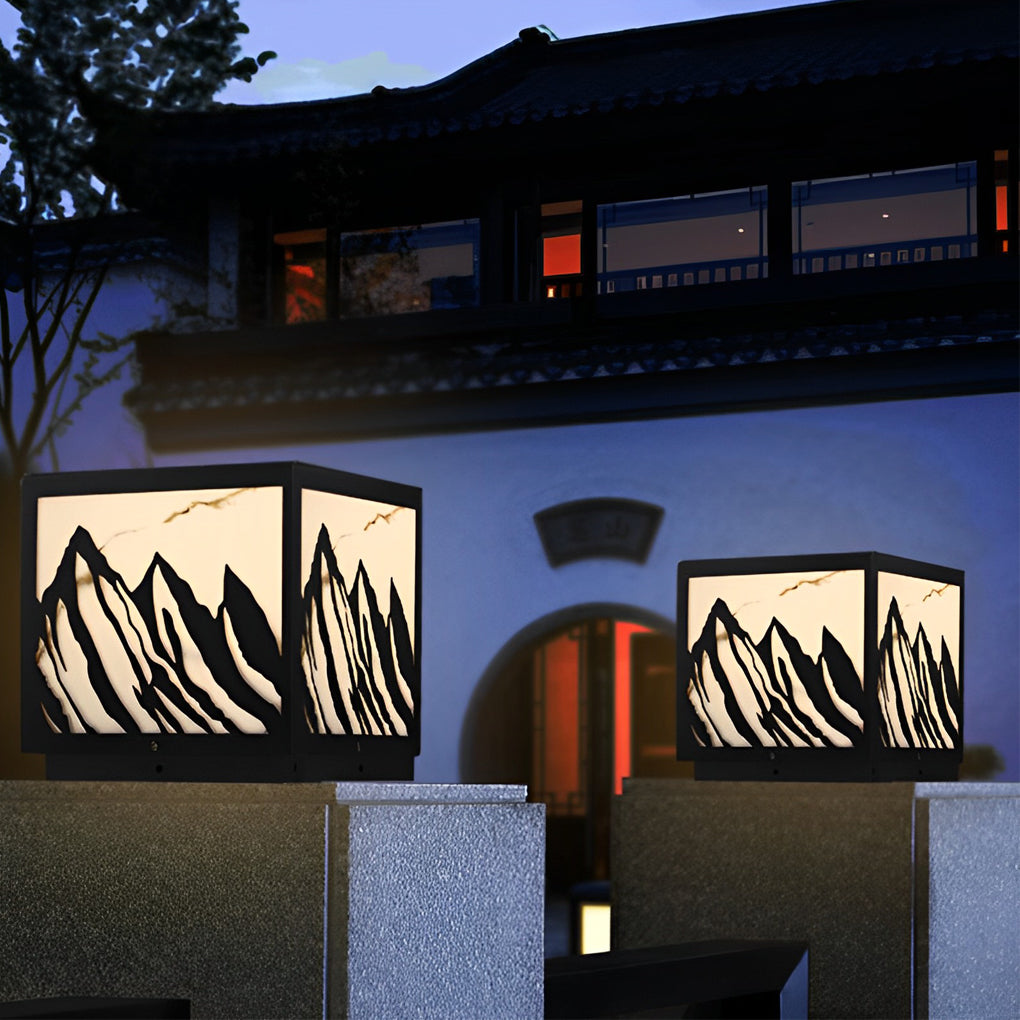 Black Solar LED Fence Post Light with Mountain Pattern Design