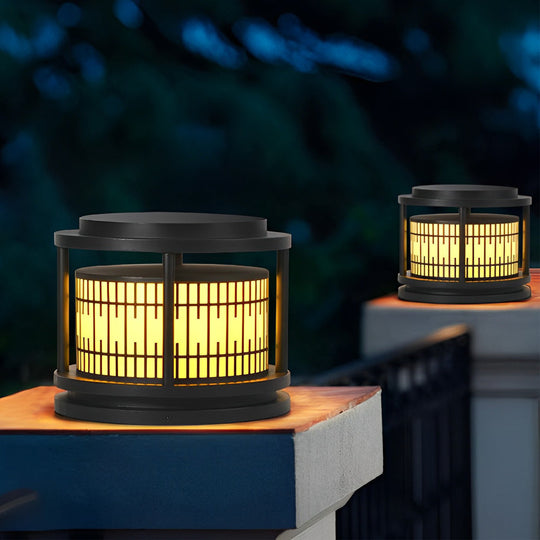 Round Retro Pattern Black Solar LED Fence Post Light