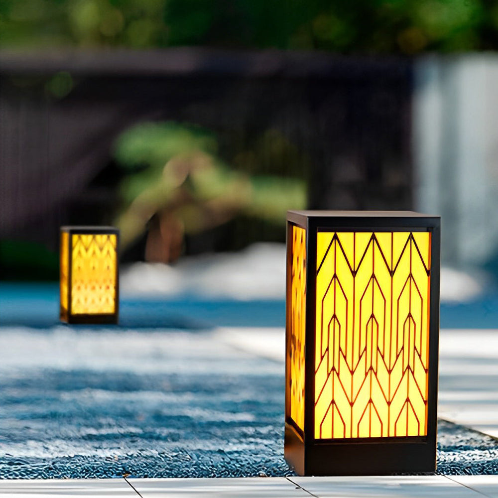 Vintage Black LED Outdoor Lawn Bollard Light with Patterned Shade