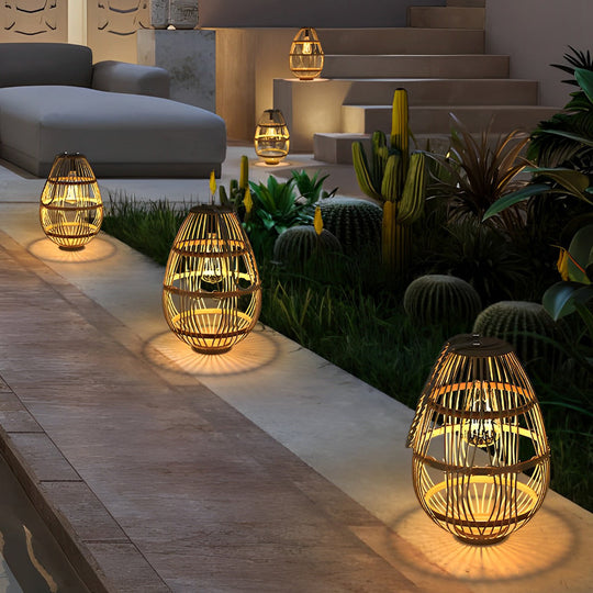 Portable Rattan Wood LED Waterproof Solar Garden Lawn Lamp