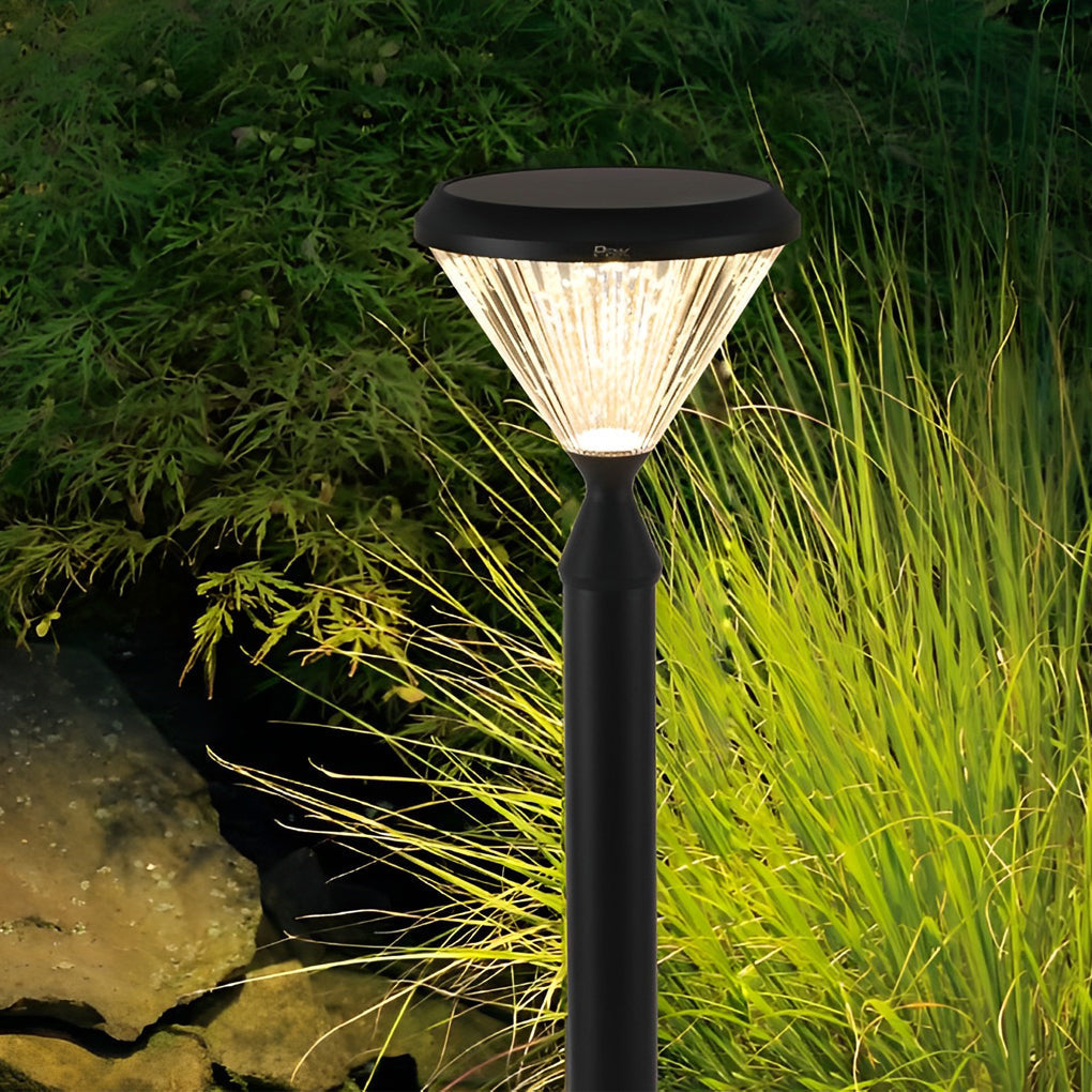 Round Black Solar LED Outdoor Light with Ribbed Lampshade