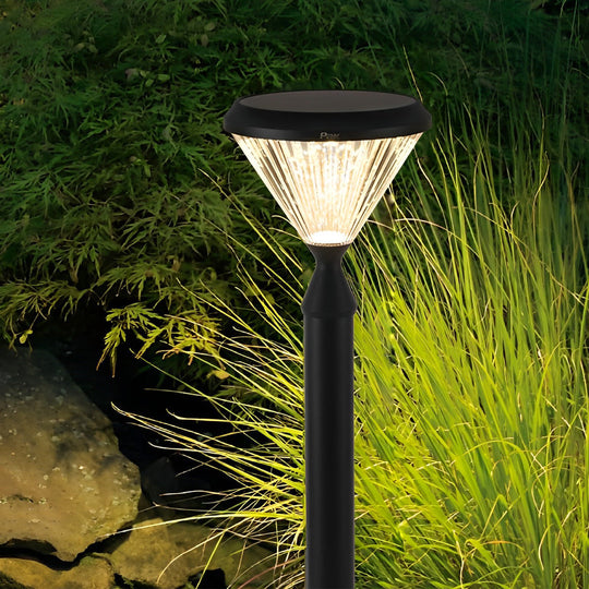 Round Black Solar LED Outdoor Light with Ribbed Lampshade