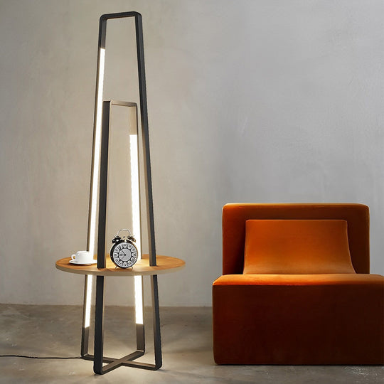 Modern 63'' LED Metal Floor Lamp with Wooden Tray and Remote Control
