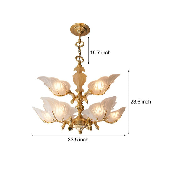 9-Light Brass Chandelier with Murano Glass Leaf Shades