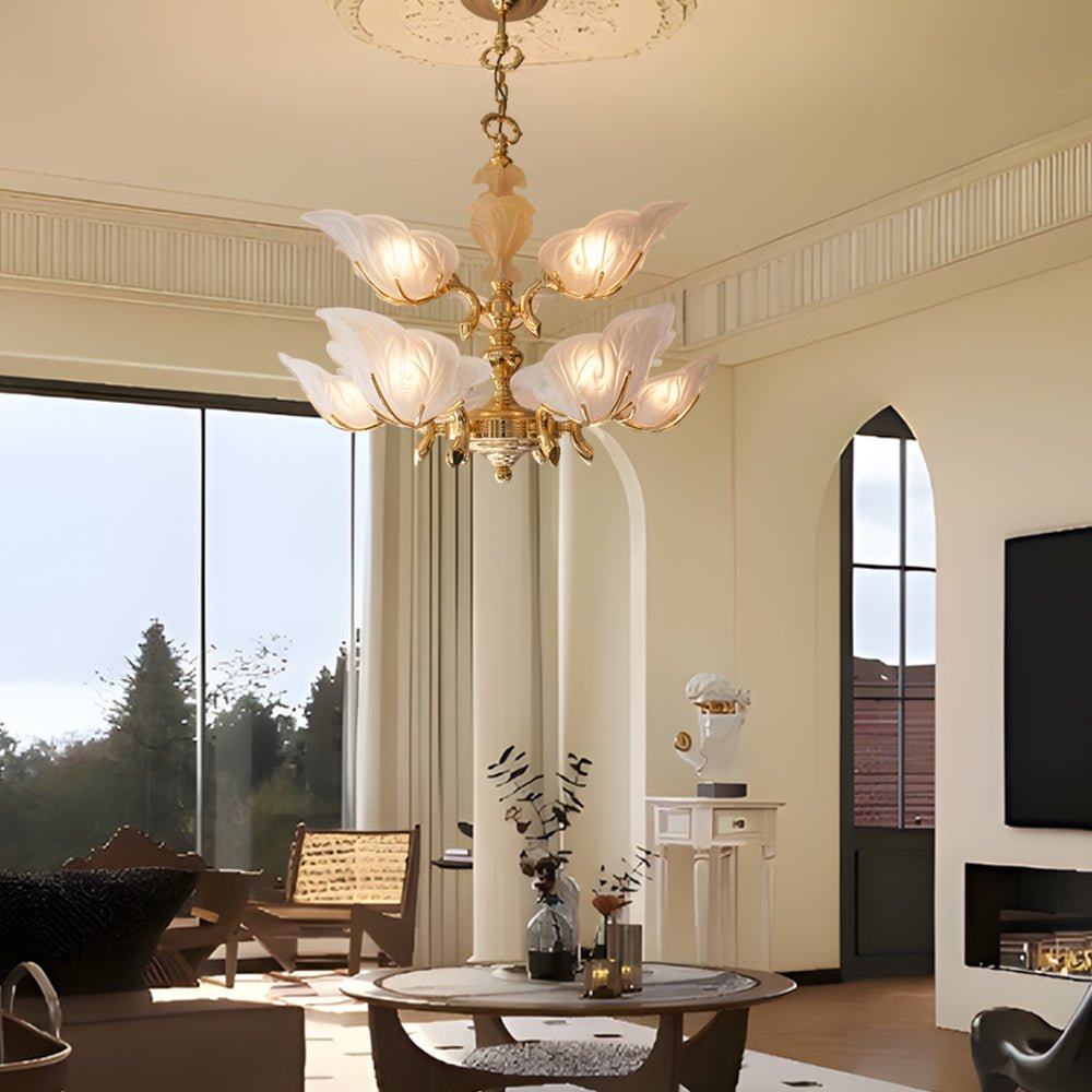 9-Light Brass Chandelier with Murano Glass Leaf Shades