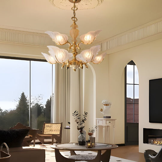9-Light Brass Chandelier with Murano Glass Leaf Shades